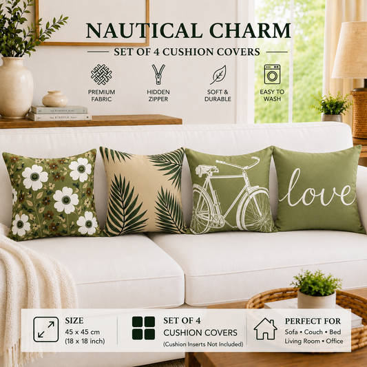 HeavenBirds Sage Green Botanical Cushion Cover Set | Floral, Palm Leaf, Bicycle & Love Print Decorative Throw Pillow Covers | Modern Farmhouse Home Decor