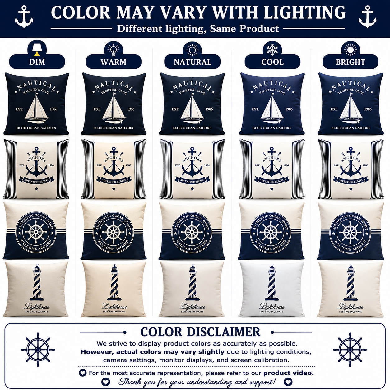 HeavenBirds Navy Nautical Cushion Cover Set | Sailboat, Anchor, Lighthouse Decorative Pillow Covers | Coastal Living Collection