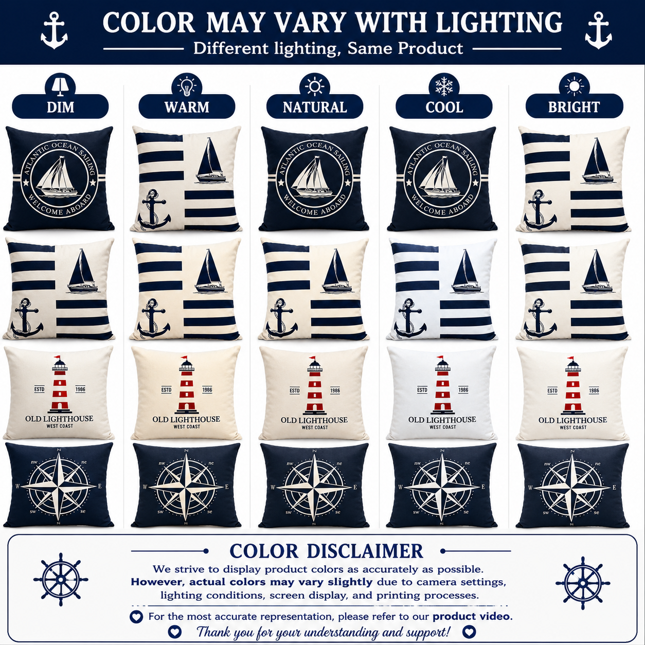 Set of 4 Coastal Nautical Throw Pillow Covers | Atlantic Ocean Sailboat, Compass, Lighthouse & Anchor Cushion Covers 18x18 Inch