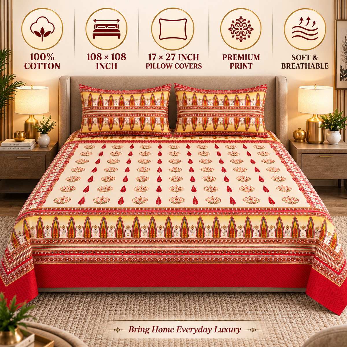 Heavenbirds 300 TC Premium Cotton Bedsheet with 2 Pillow Covers | Ultra Soft & Color Fade Resistant