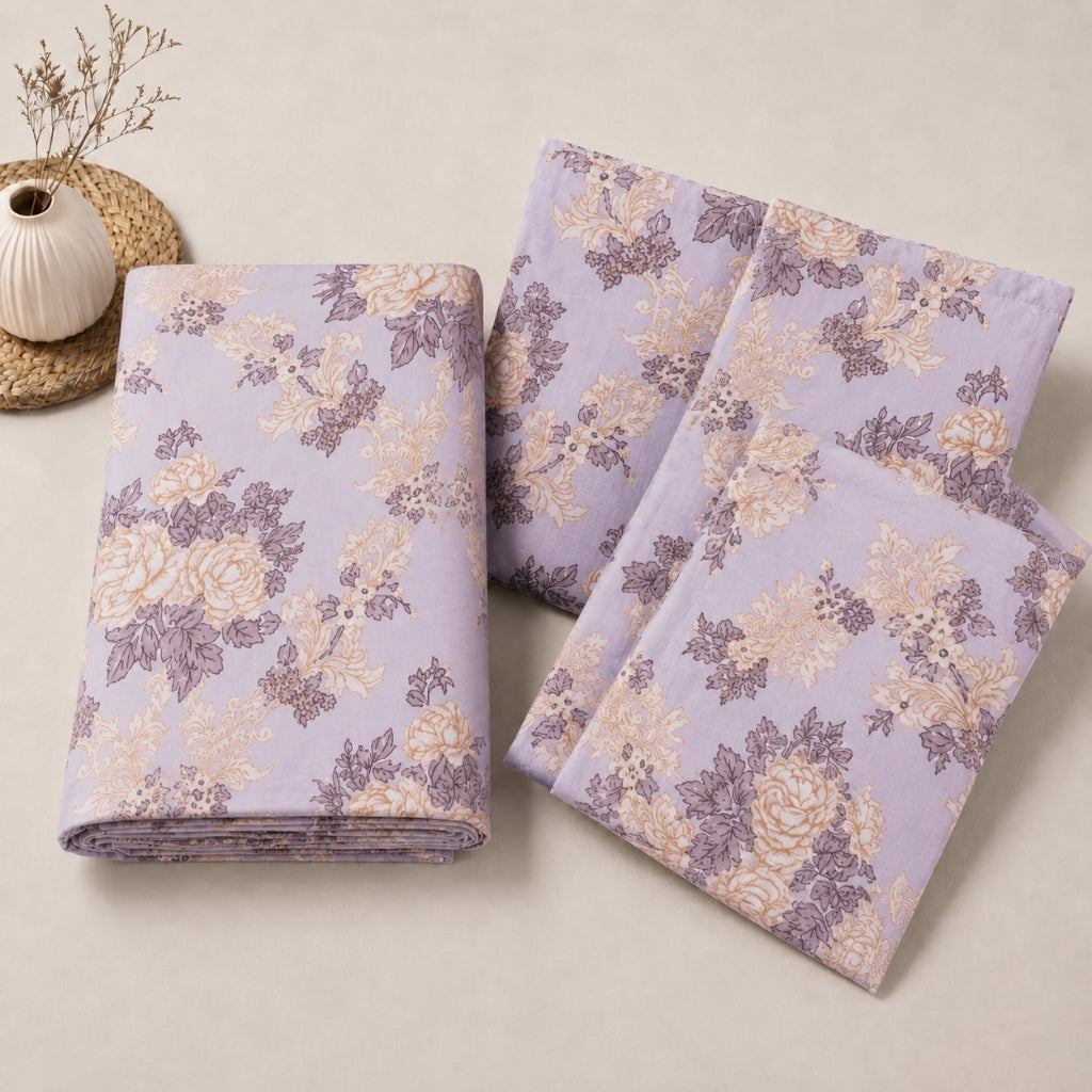 Lavender Meadow Feels like Glace Cotton Bedsheet – King Size, Purple Floral Print, Fitted Bedsheet (1B + 2P)
