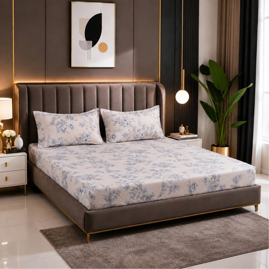 Blue Blossom Feels like Glace Cotton Bedsheet – King Size, Blue Floral Print, Fitted Bedsheet (1B + 2P)