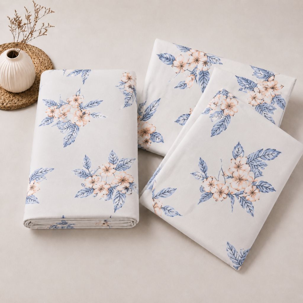 Sky Blossom Feels like Glace Cotton Bedsheet – King Size, Blue Floral Print, Fitted Bedsheet (1B + 2P)