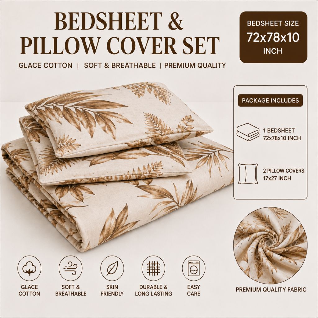Golden Tropics Glace Cotton Bedsheet – King Size, Brown Botanical Leaf Print, Fitted Bedsheet (1B + 2P)