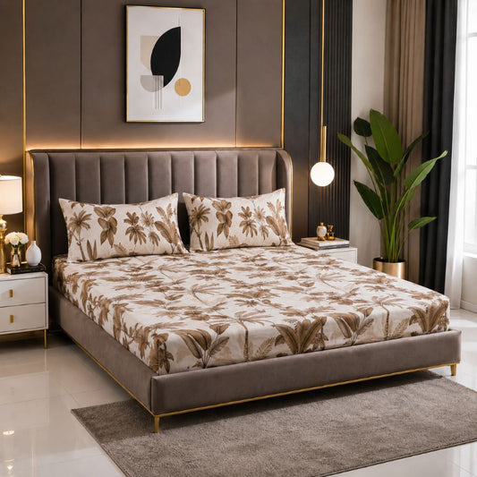 Golden Tropics Glace Cotton Bedsheet – King Size, Brown Botanical Leaf Print, Fitted Bedsheet (1B + 2P)