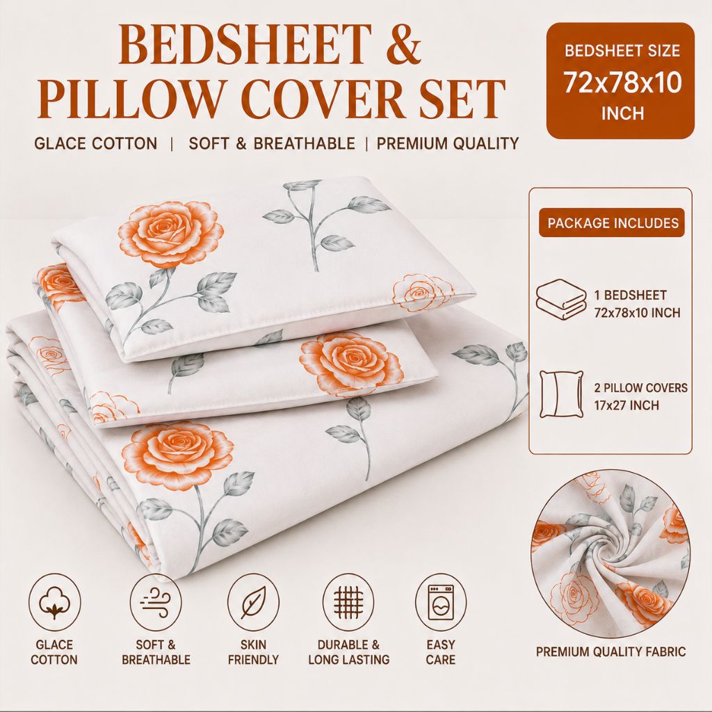 Coral Rose Feels like Glace Cotton Bedsheet – King Size, Orange Rose Print, Fitted Bedsheet (1B + 2P)