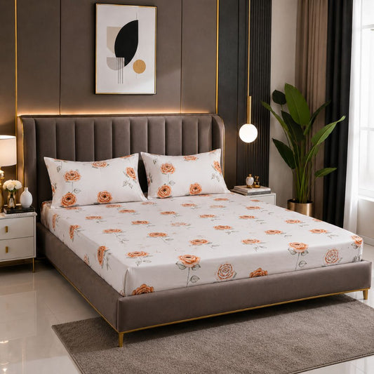 Coral Rose Feels like Glace Cotton Bedsheet – King Size, Orange Rose Print, Fitted Bedsheet (1B + 2P)