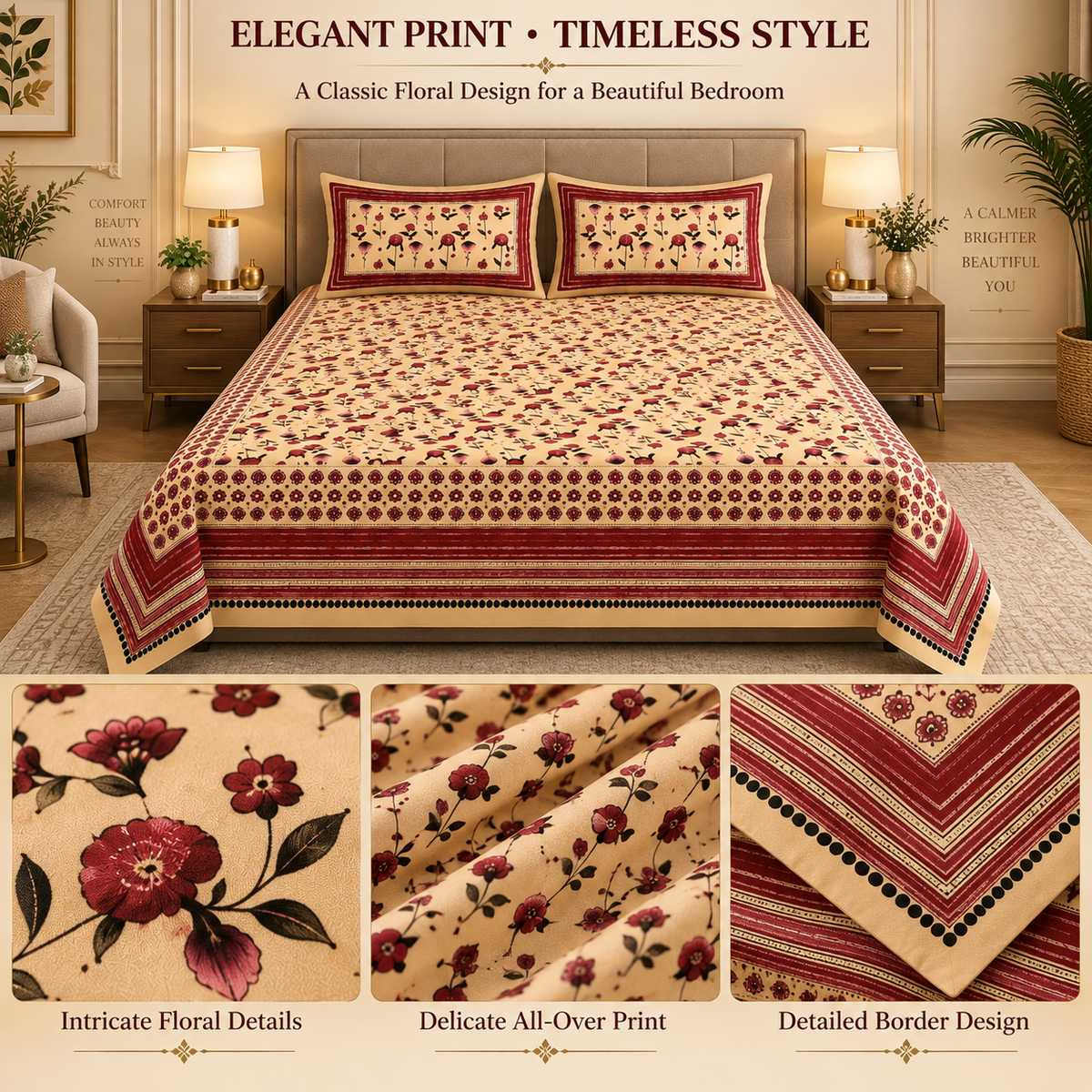 Heavenbirds 300 TC Premium Cotton Bedsheet with 2 Pillow Covers | Ultra Soft & Color Fade Resistant