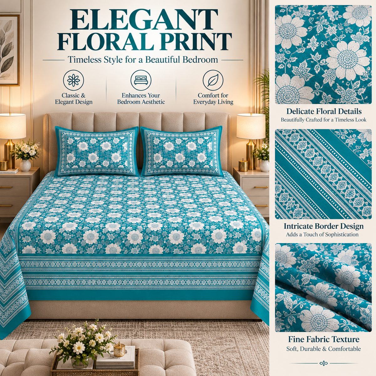 Heavenbirds 300 TC Premium Cotton Bedsheet with 2 Pillow Covers | Ultra Soft & Color Fade Resistant