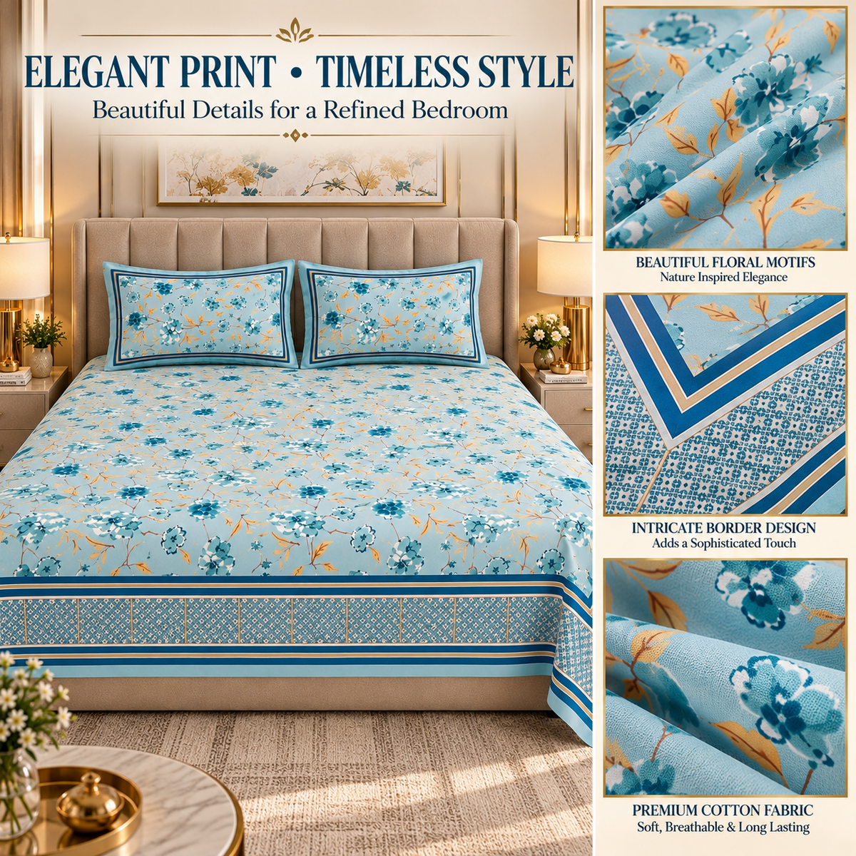Heavenbirds 300 TC Premium Cotton Bedsheet with 2 Pillow Covers | Ultra Soft & Color Fade Resistant