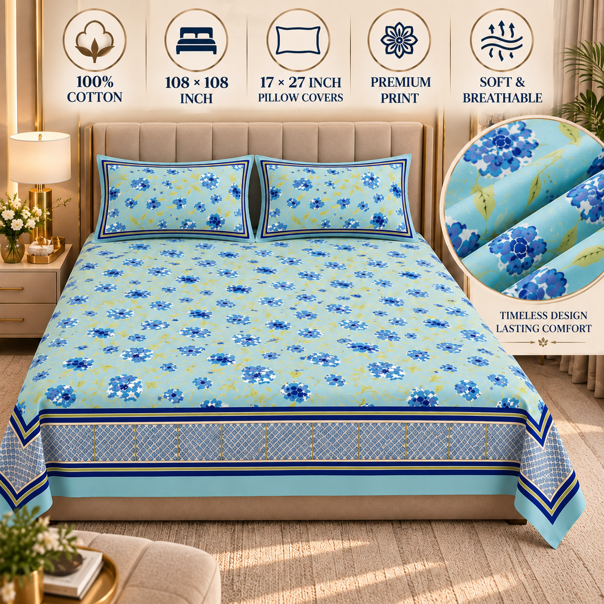 Heavenbirds 300 TC Premium Cotton Bedsheet with 2 Pillow Covers | Ultra Soft & Color Fade Resistant