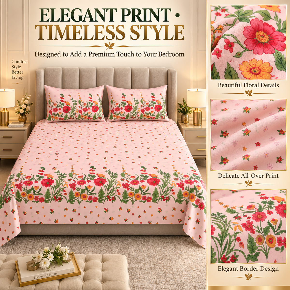 Heavenbirds 300 TC Premium Cotton Bedsheet with 2 Pillow Covers | Ultra Soft & Color Fade Resistant