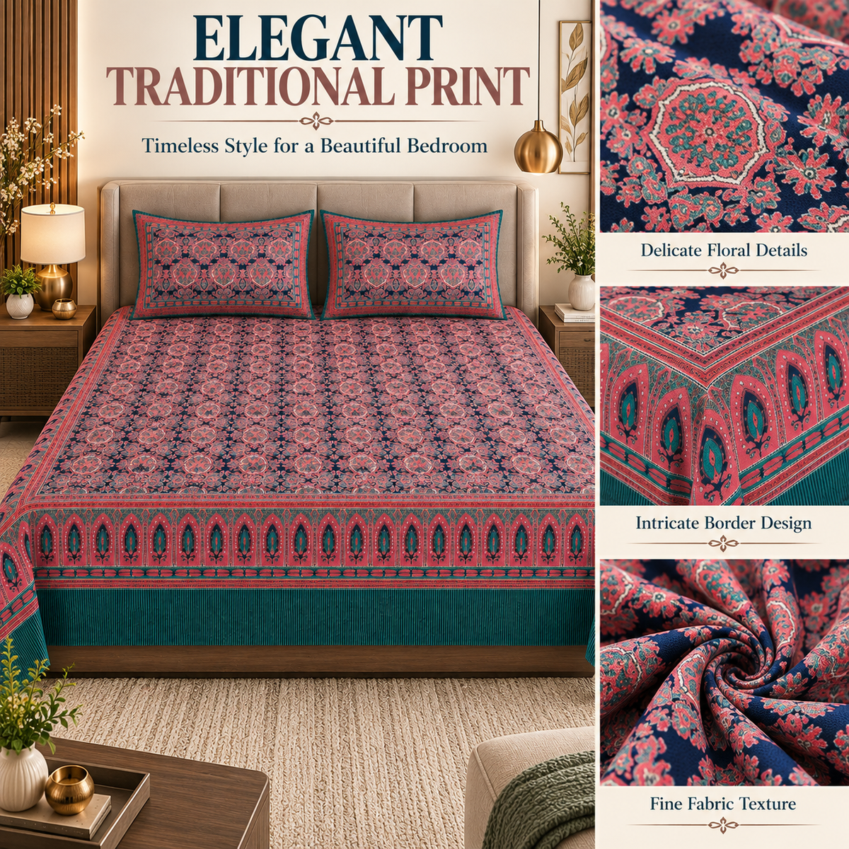 Heavenbirds 300 TC Premium Cotton Bedsheet with 2 Pillow Covers | Ultra Soft & Color Fade Resistant
