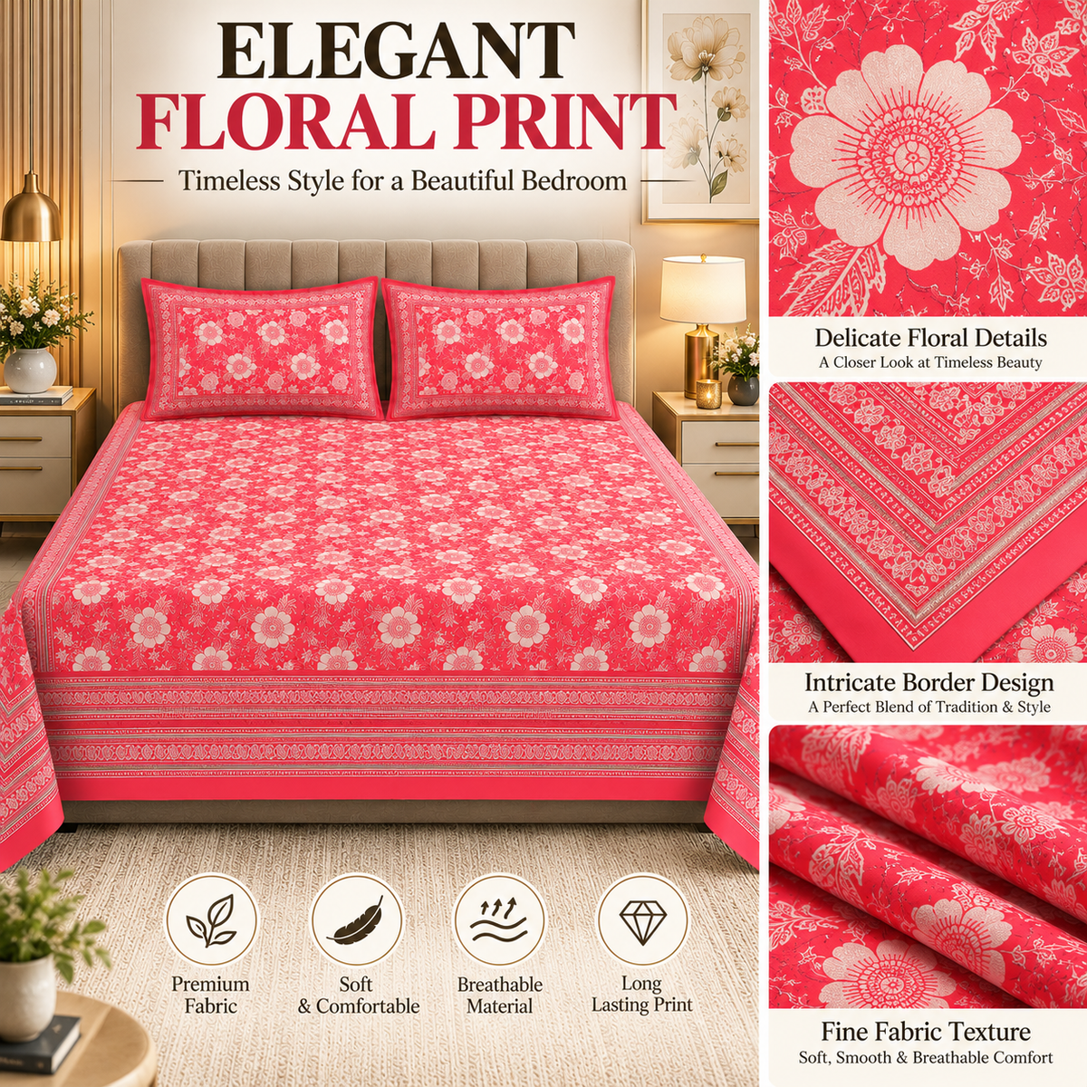Heavenbirds 300 TC Premium Cotton Bedsheet with 2 Pillow Covers | Ultra Soft & Color Fade Resistant