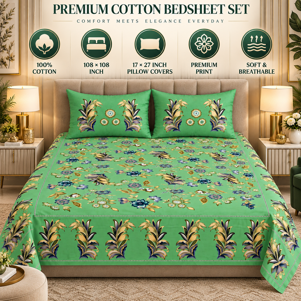 Heavenbirds 300 TC Premium Cotton Bedsheet with 2 Pillow Covers | Ultra Soft & Color Fade Resistant