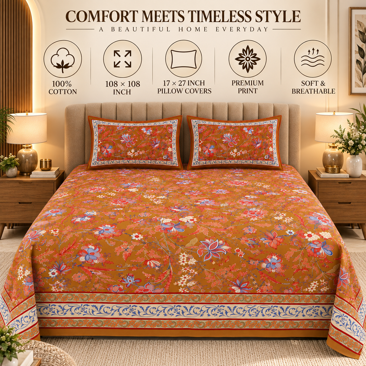 Heavenbirds 300 TC Premium Cotton Bedsheet with 2 Pillow Covers | Ultra Soft & Color Fade Resistant