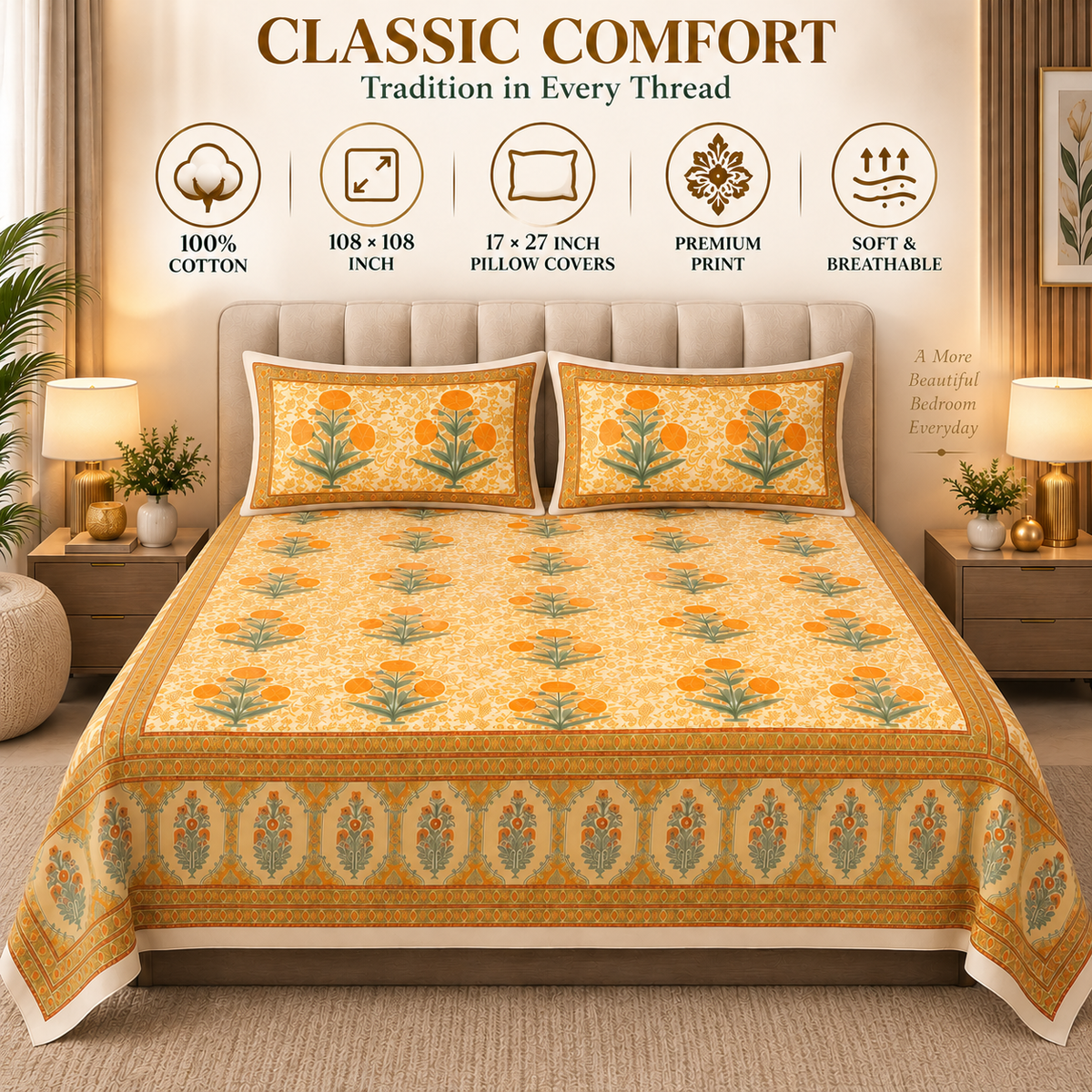 Heavenbirds 300 TC Premium Cotton Bedsheet with 2 Pillow Covers | Ultra Soft & Color Fade Resistant