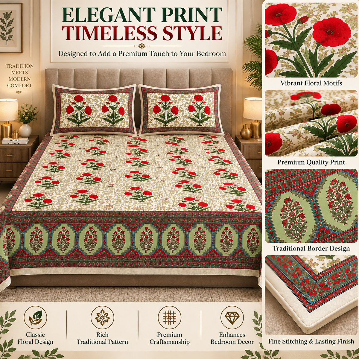 Heavenbirds 300 TC Premium Cotton Bedsheet with 2 Pillow Covers | Ultra Soft & Color Fade Resistant
