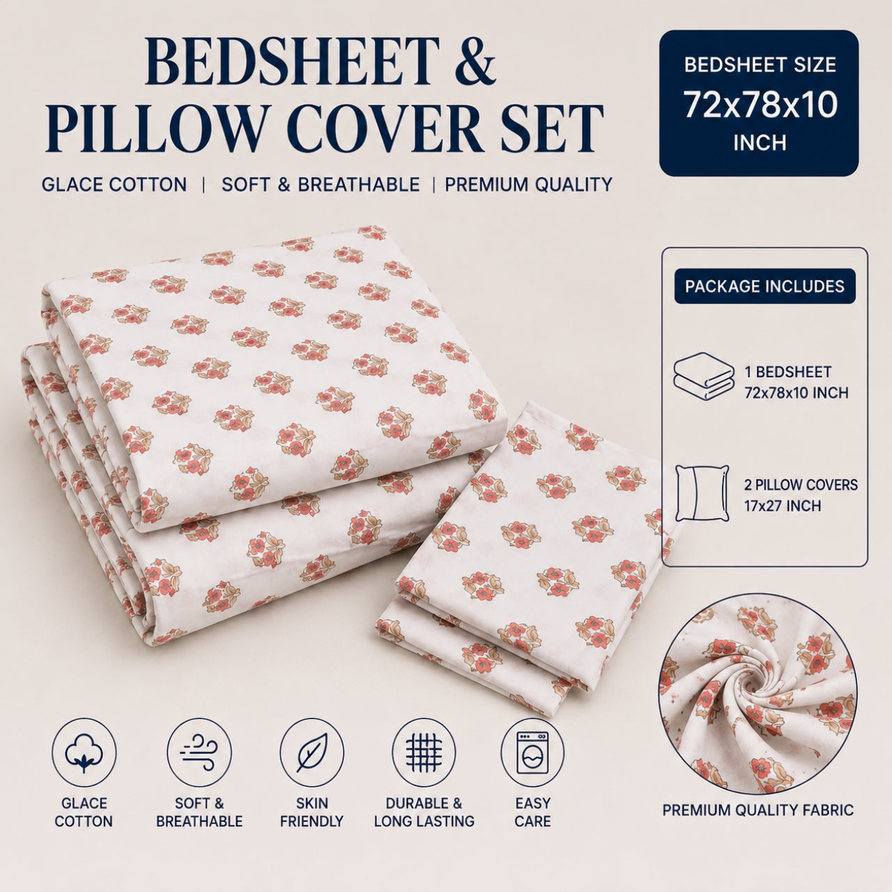 Autumn Bloom Glace Cotton Bedsheet – King Size, Peach Geometric Print, Fitted Bedsheet (1B + 2P)