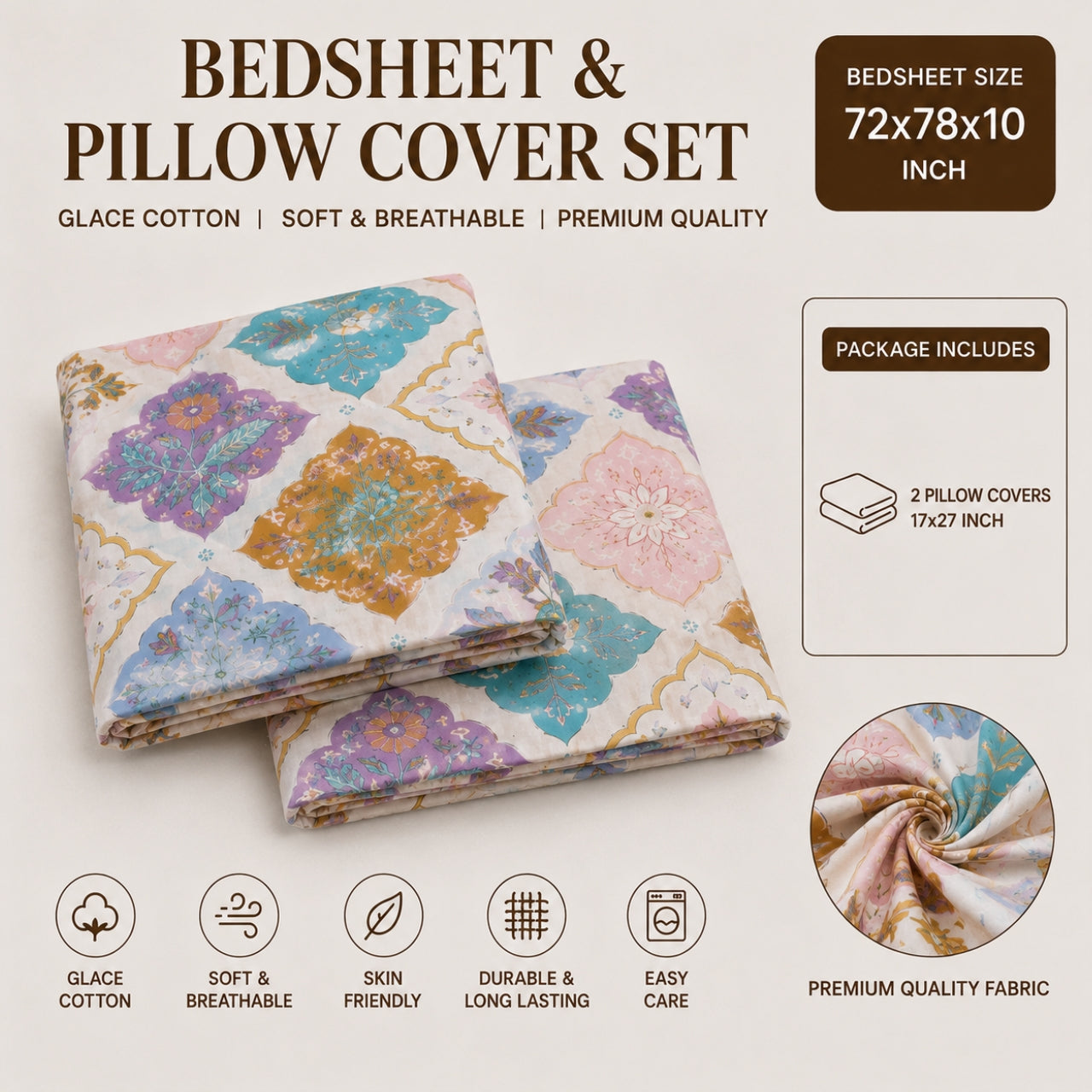 Mosaic Charm Feels like Glace Cotton Bedsheet – King Size, Multicolor Moroccan Print, Fitted Bedsheet (1B + 2P)