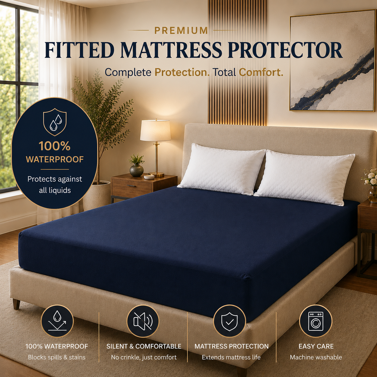 HeavenBirds Waterproof Mattress Protector | King Size 78"x72" | Dark Blue | Cotton Terry | Machine Washable