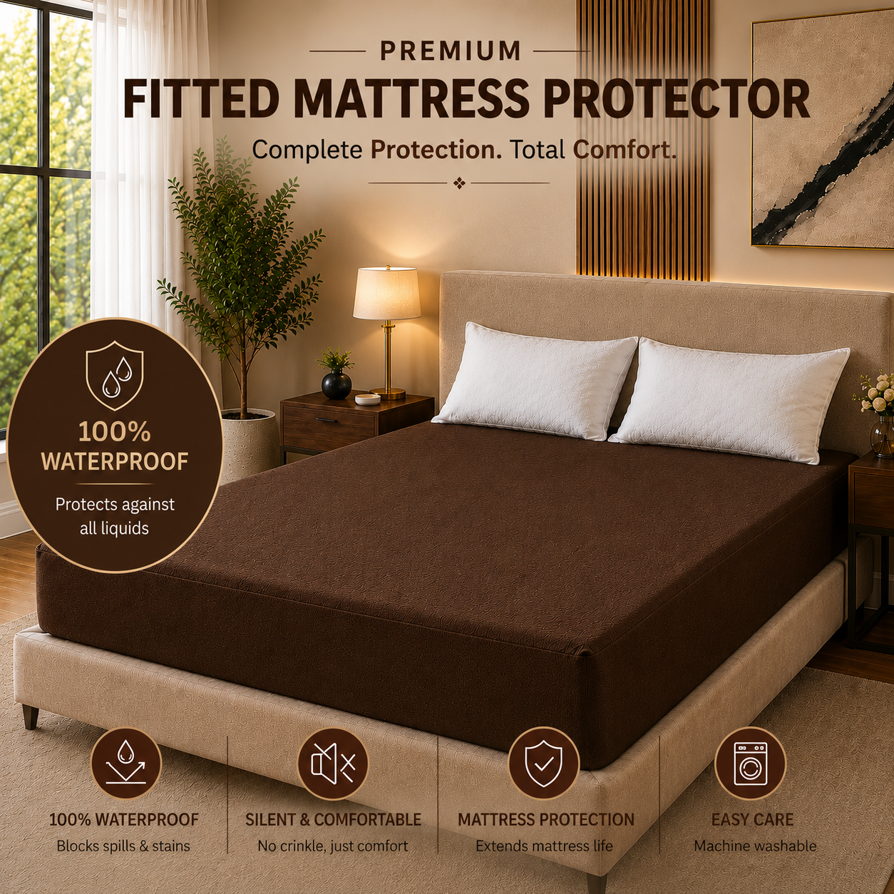 HeavenBirds Waterproof Mattress Protector | King Size 78"x72" | Brown | Cotton Terry | Machine Washable