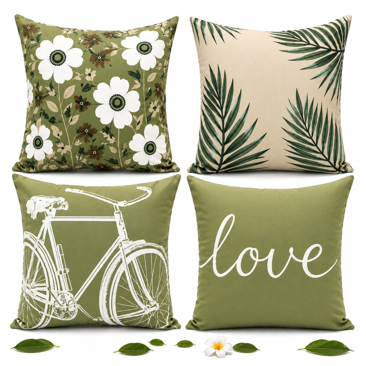 HeavenBirds Sage Green Botanical Cushion Cover Set | Floral, Palm Leaf, Bicycle & Love Print Decorative Throw Pillow Covers | Modern Farmhouse Home Decor