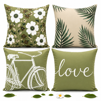 HeavenBirds Sage Green Botanical Cushion Cover Set | Floral, Palm Leaf, Bicycle & Love Print Decorative Throw Pillow Covers | Modern Farmhouse Home Decor