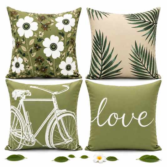 HeavenBirds Sage Green Botanical Cushion Cover Set | Floral, Palm Leaf, Bicycle & Love Print Decorative Throw Pillow Covers | Modern Farmhouse Home Decor
