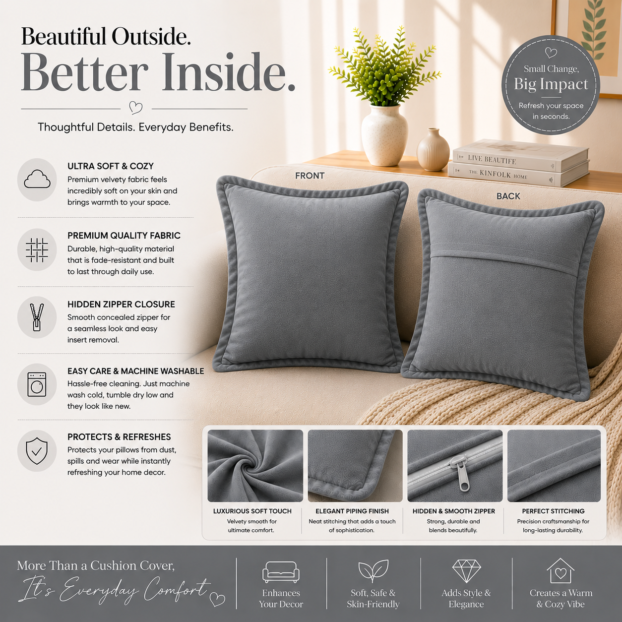 Velvet Cushion Cover 16x16 Charcoal Grey – Set of 2 | Sofa Throw Pillow Case