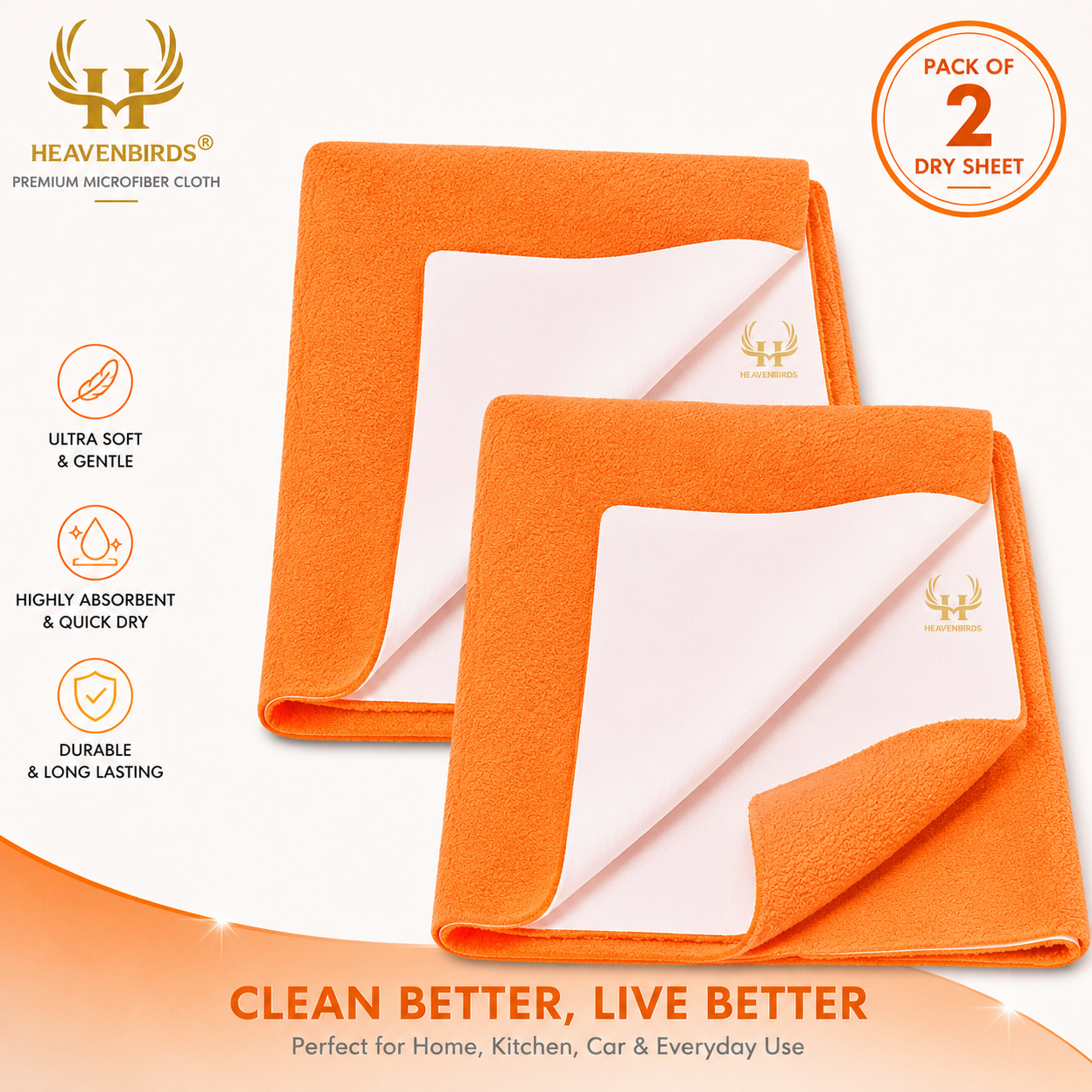 Heavenbirds Waterproof Baby Dry Sheets | Soft Fleece Mattress Protector | 50×70 / 70×100 / 100×140 cm | Orange- Pack of 2