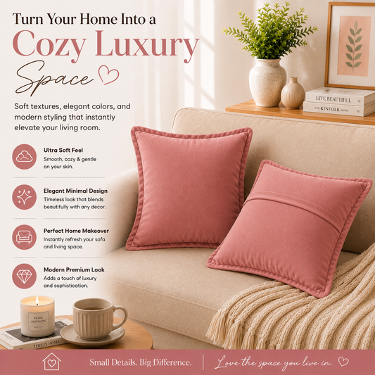 Velvet Cushion Cover 16x16 Blush Pink – Set of 2 | Sofa Throw Pillow Case