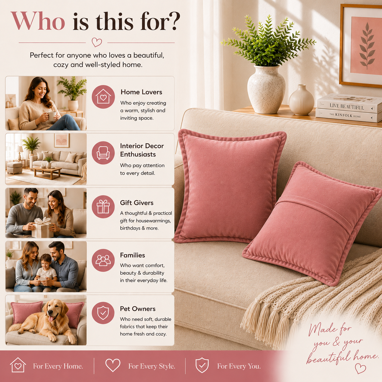 Velvet Cushion Cover 16x16 Blush Pink – Set of 2 | Sofa Throw Pillow Case