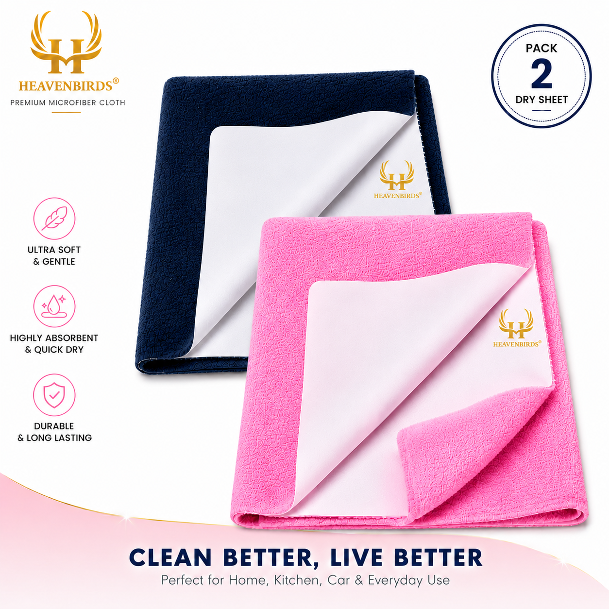 Heavenbirds Waterproof Baby Dry Sheets | Soft Fleece Mattress Protector | 50×70 / 70×100 / 100×140 cm | Navy Blue - Pack of 2