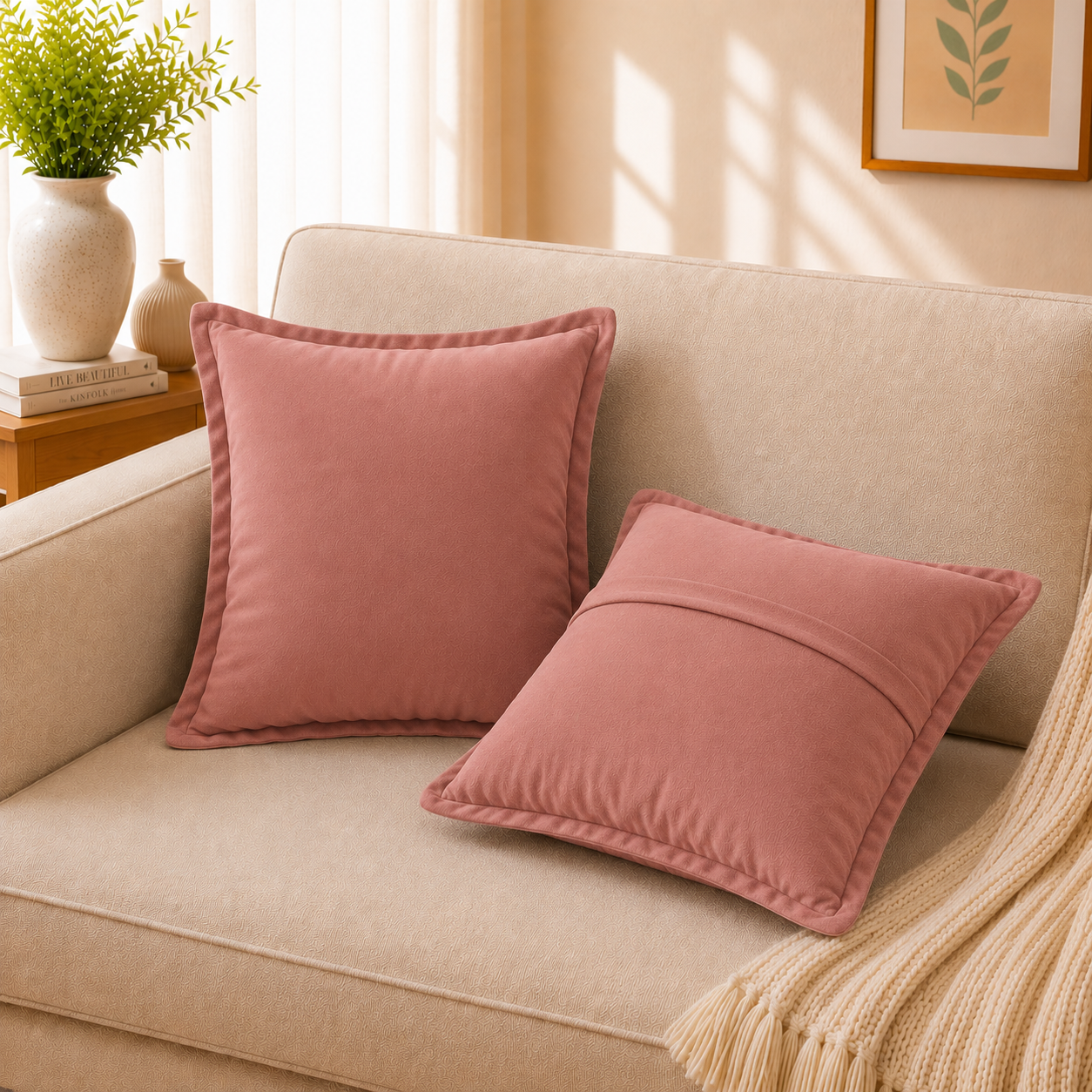 Velvet Cushion Cover 16x16 Blush Pink – Set of 2 | Sofa Throw Pillow Case