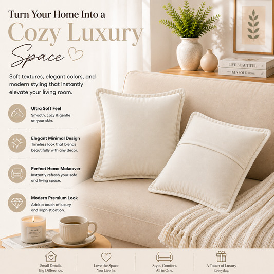 Velvet Cushion Cover 16x16 Ivory – Set of 2 | Sofa Throw Pillow Case