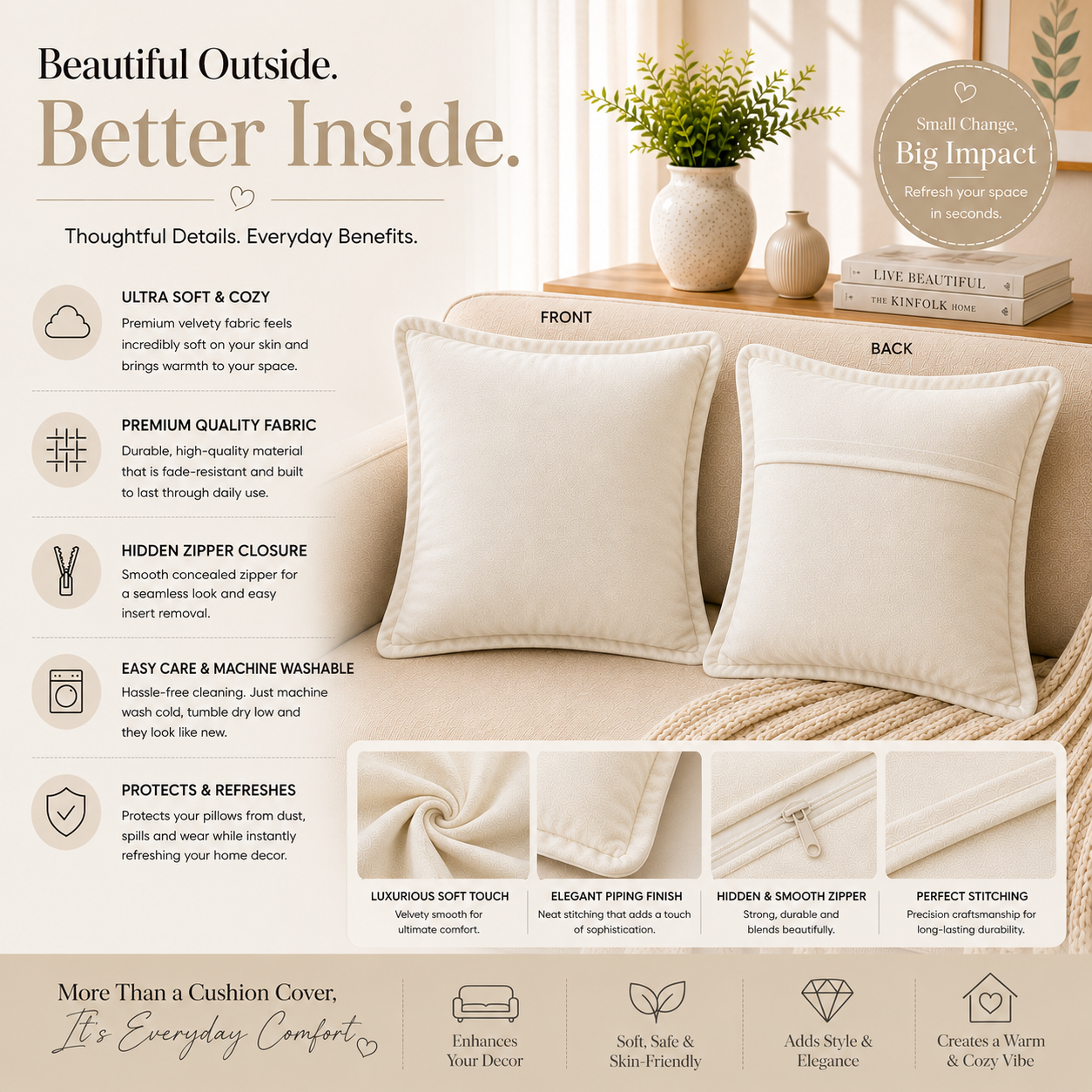 Velvet Cushion Cover 16x16 Ivory – Set of 2 | Sofa Throw Pillow Case