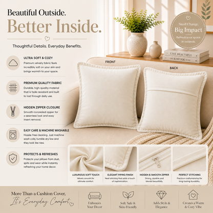 Velvet Cushion Cover 16x16 Ivory – Set of 2 | Sofa Throw Pillow Case