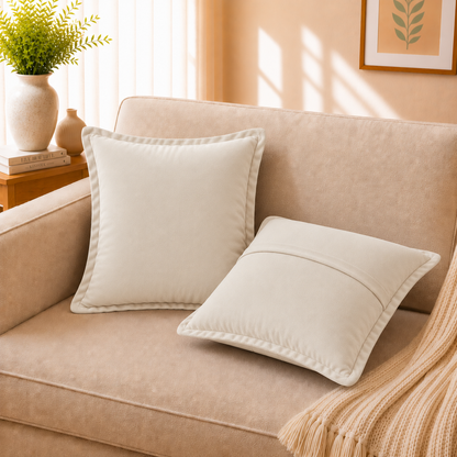 Velvet Cushion Cover 16x16 Ivory – Set of 2 | Sofa Throw Pillow Case