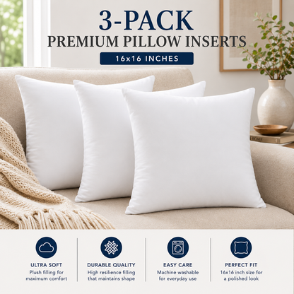 Heavenbirds 16x16 Pillow Inserts Set of 3 – Premium Soft Throw Pillow Inserts for Couch, Sofa, Bed & Decorative Cushion Covers | Machine Washable White Cushion Fillers