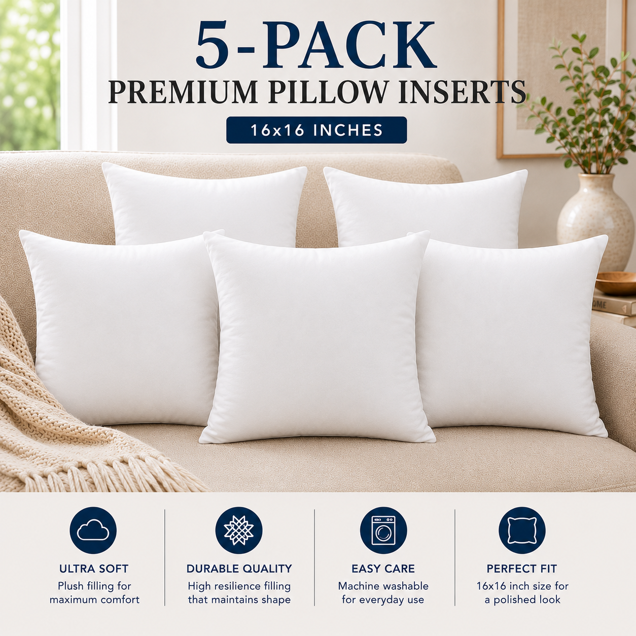 Heavenbirds 16x16 Pillow Inserts Set of 5 – Premium Soft Throw Pillow Inserts for Couch, Sofa, Bed & Decorative Cushion Covers | Machine Washable White Cushion Fillers