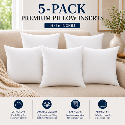 Heavenbirds 16x16 Pillow Inserts Set of 5 – Premium Soft Throw Pillow Inserts for Couch, Sofa, Bed & Decorative Cushion Covers | Machine Washable White Cushion Fillers