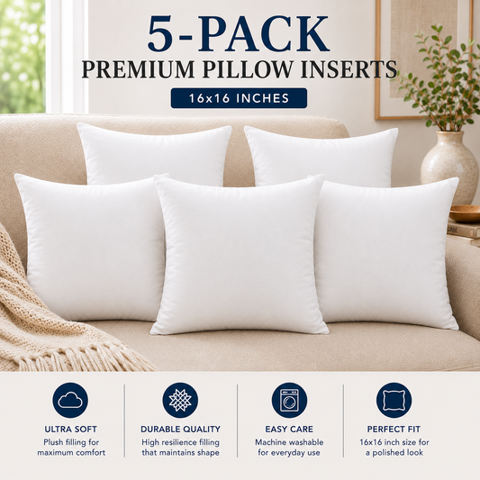 Heavenbirds 16x16 Pillow Inserts Set of 5 – Premium Soft Throw Pillow Inserts for Couch, Sofa, Bed & Decorative Cushion Covers | Machine Washable White Cushion Fillers