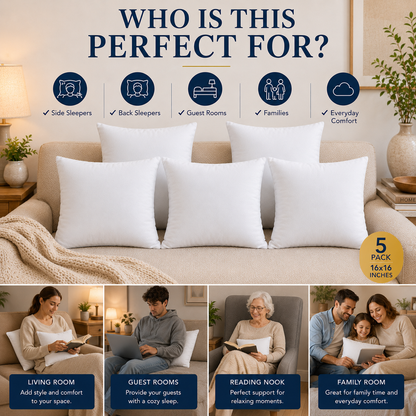Heavenbirds 16x16 Pillow Inserts Set of 5 – Premium Soft Throw Pillow Inserts for Couch, Sofa, Bed & Decorative Cushion Covers | Machine Washable White Cushion Fillers
