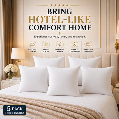 Heavenbirds 16x16 Pillow Inserts Set of 5 – Premium Soft Throw Pillow Inserts for Couch, Sofa, Bed & Decorative Cushion Covers | Machine Washable White Cushion Fillers