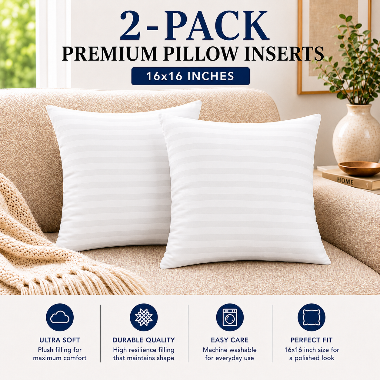 Heavenbirds 16x16 Striped Pillow Inserts Set of 2 – Premium Soft Decorative Throw Pillow Inserts with Striped Fabric for Couch, Sofa, Bed & Cushion Covers | Machine Washable White Cushion Fillers