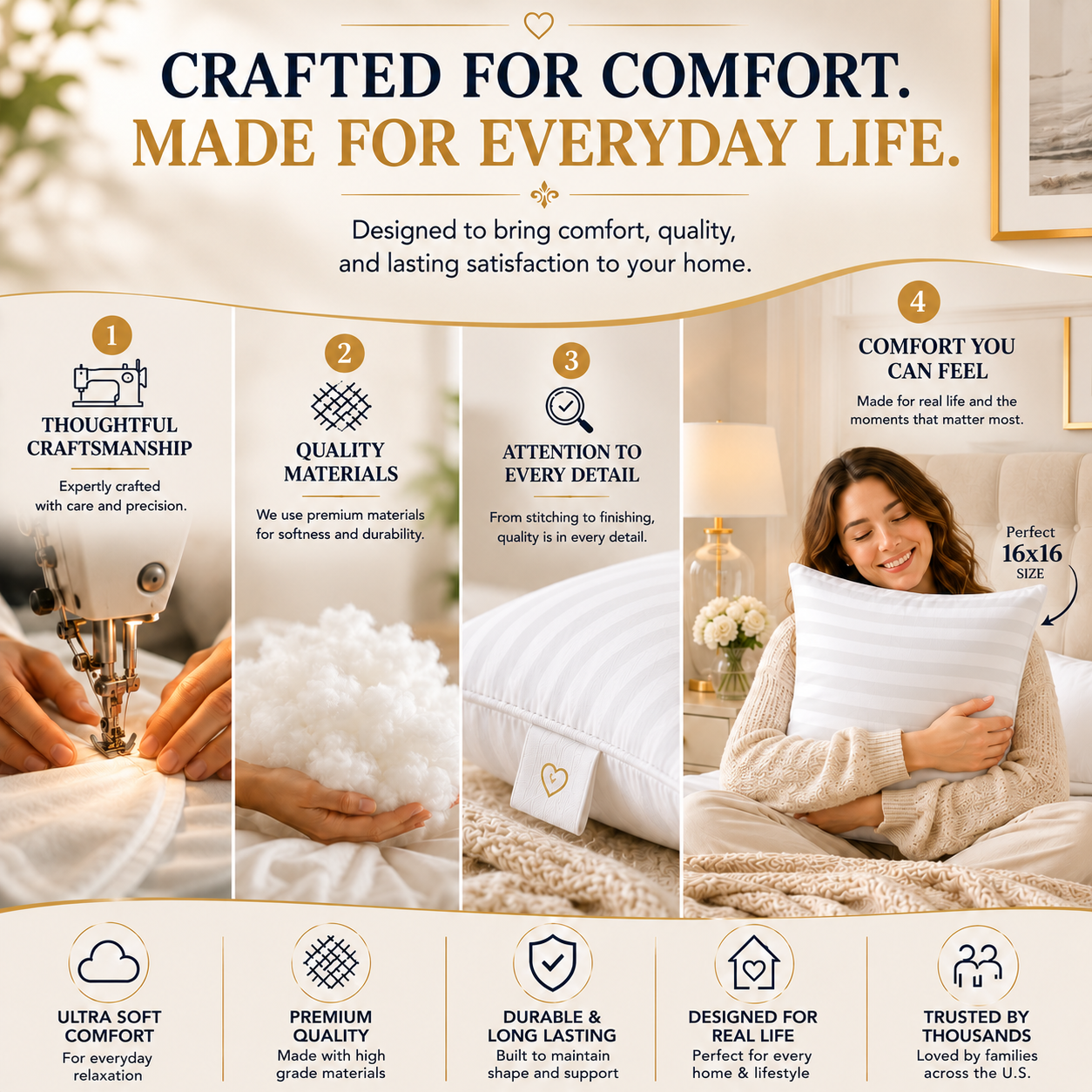 Heavenbirds 16x16 Striped Pillow Inserts Set of 2 – Premium Soft Decorative Throw Pillow Inserts with Striped Fabric for Couch, Sofa, Bed & Cushion Covers | Machine Washable White Cushion Fillers