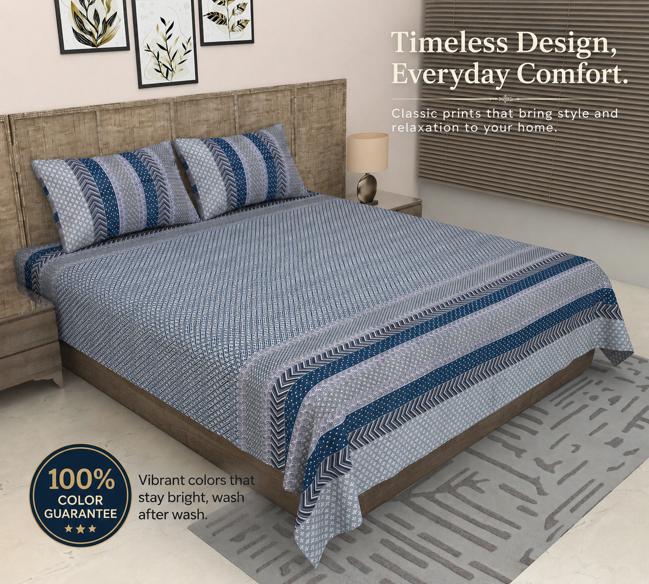 Heavenbirds Premium 300 TC Cotton Bedsheet with 2 Pillow Covers | Ultra Soft & Breathable | 100% Color Fade Guarantee | King Size Double Bedsheet for Everyday Luxury