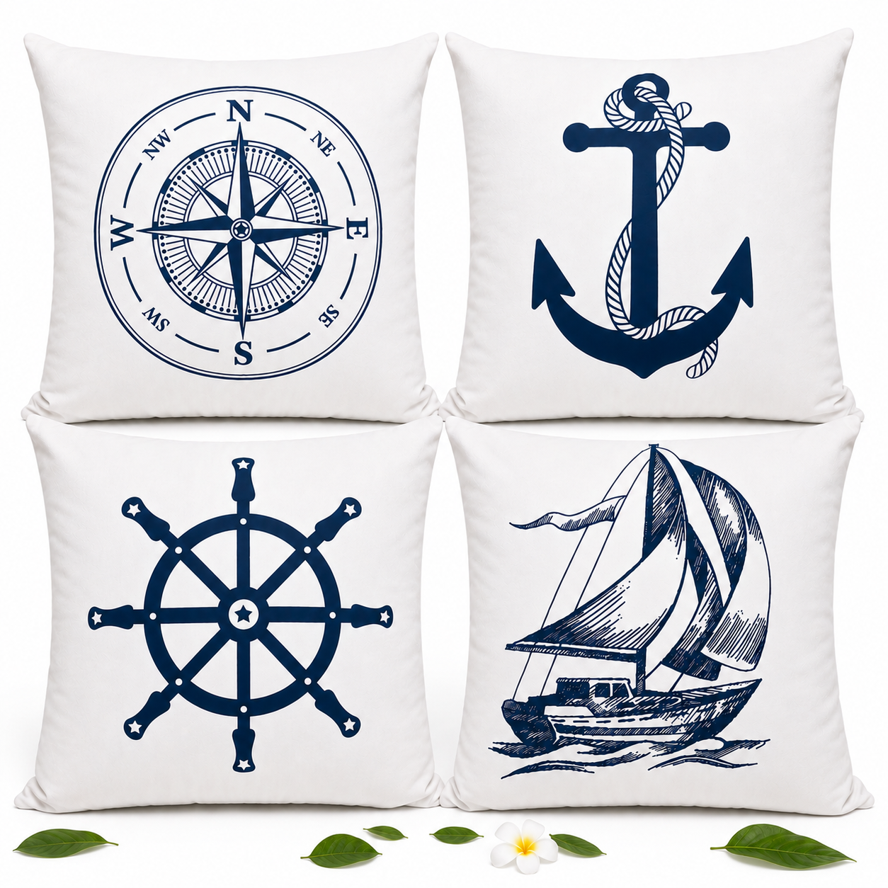 Set of 4 Minimal Nautical Cushion Covers | Compass, Anchor, Ship Wheel & Sailboat Throw Pillow Covers | Coastal Farmhouse Home Decor
