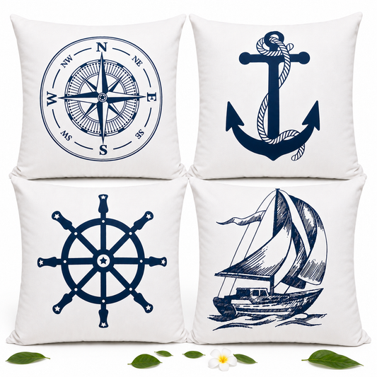 Set of 4 Minimal Nautical Cushion Covers | Compass, Anchor, Ship Wheel & Sailboat Throw Pillow Covers | Coastal Farmhouse Home Decor
